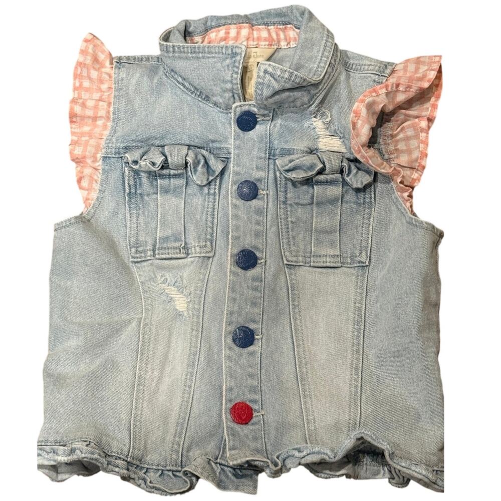 Matilda Jane Girls Genius Denim Vest Size 10 Gingham Ruffle Bow Detail - Picture 2 of 7